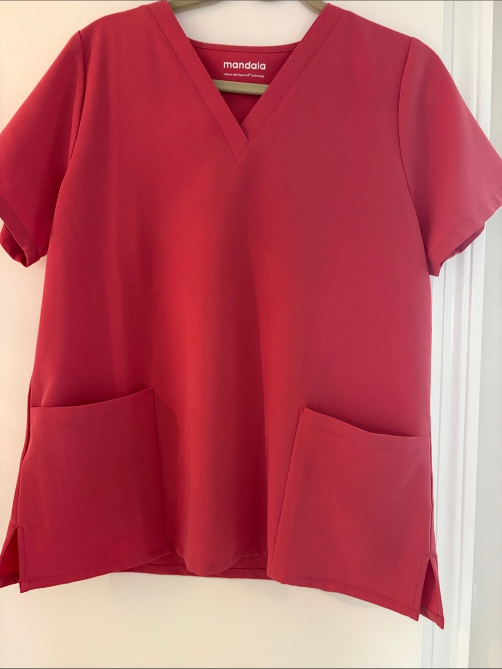 Women's V-Neck Coral Red Scrub Top with Front Pockets